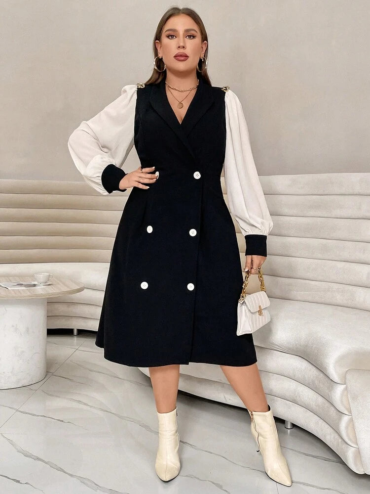 Plus Size Lantern Sleeve Double Breasted Dress