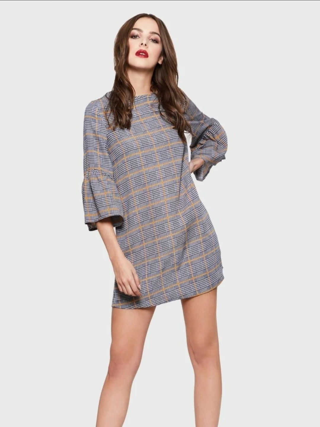 Ruffle sleeve checkered tunic dress
