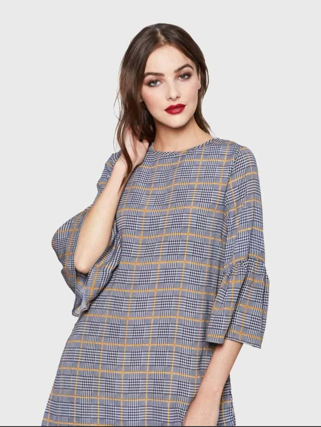 Ruffle sleeve checkered tunic dress