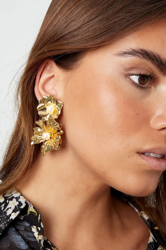 Gold Double Flowers Earrings