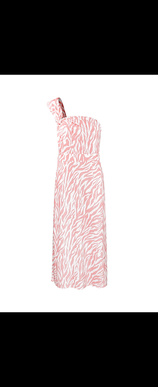 Pink One Shoulder Zebra Print Midi Dress