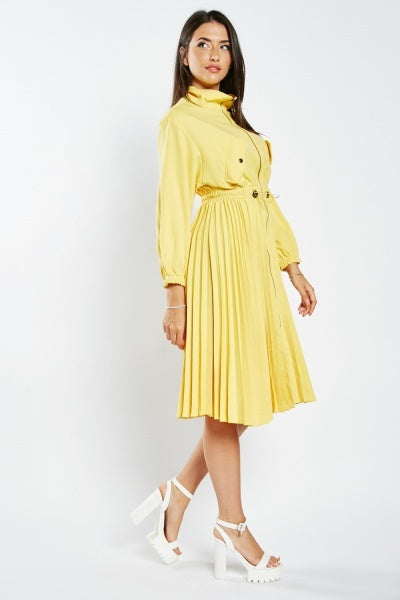 Yellow Pleated O-Ring  Dress