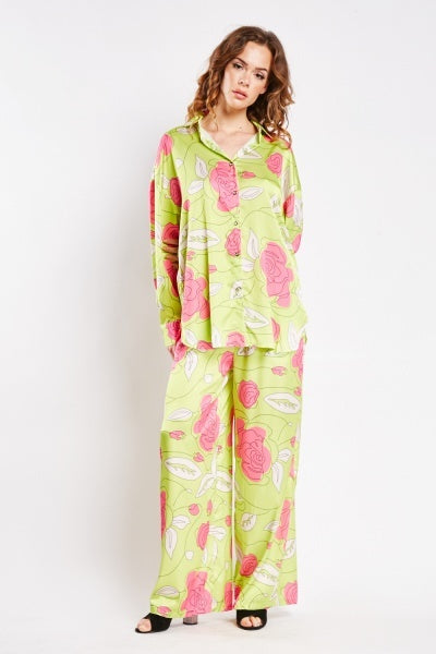 Flower Printed Sateen Blouse and Pants Set