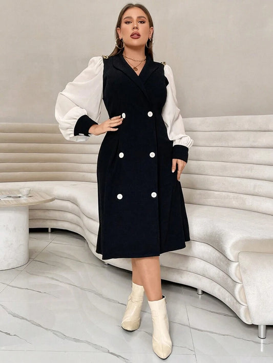Plus Size Lantern Sleeve Double Breasted Dress