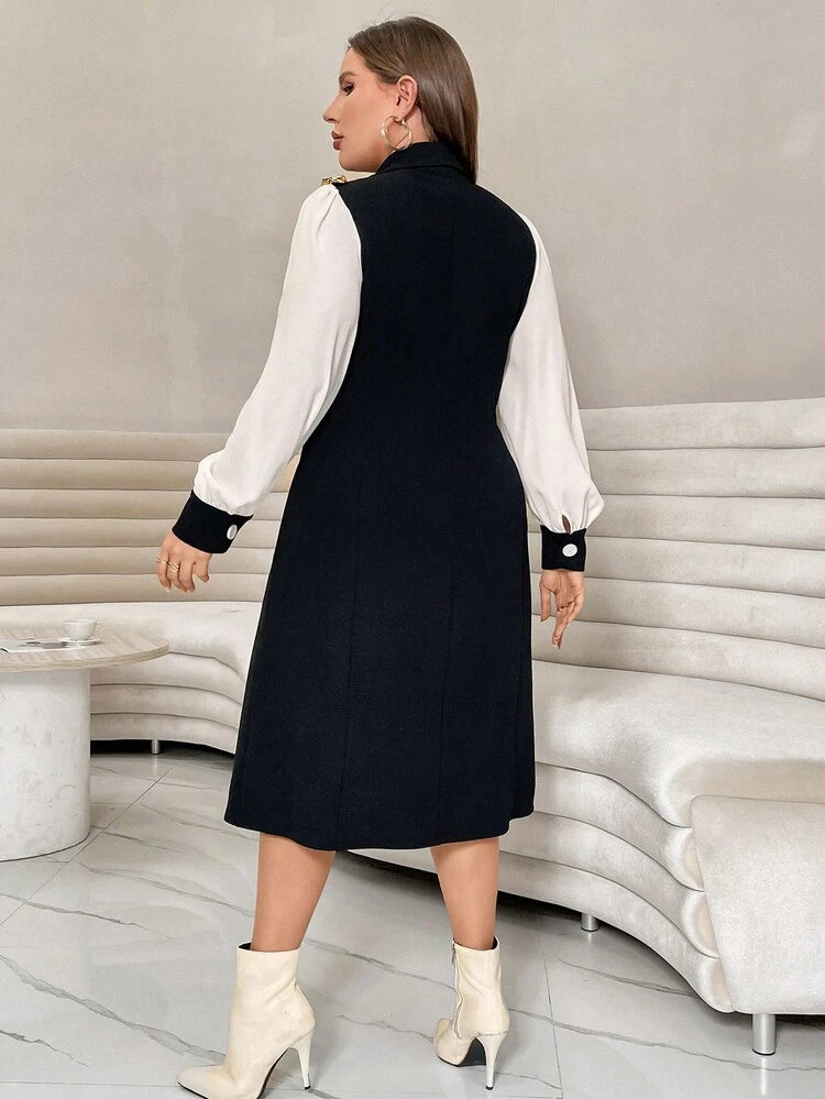 Plus Size Lantern Sleeve Double Breasted Dress