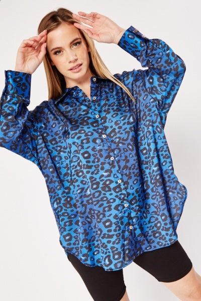 Royal Blue Leopard Print Silk Shirt