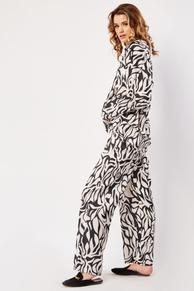 Black and White Printed Satin Pants Set