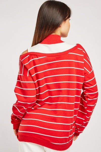 Striped slub cut out shoulder top