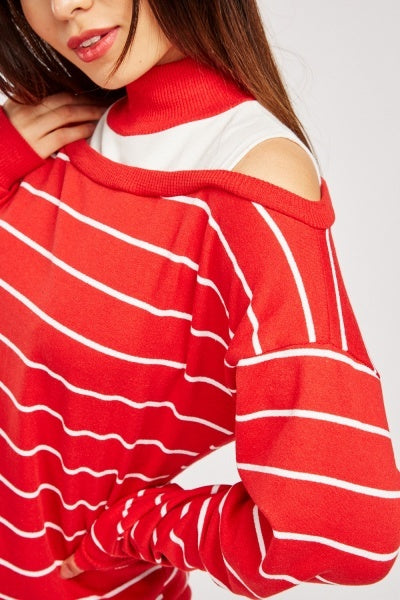 Striped slub cut out shoulder top