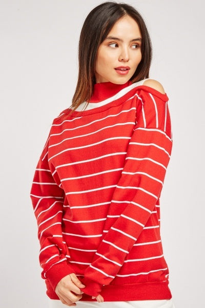 Striped slub cut out shoulder top